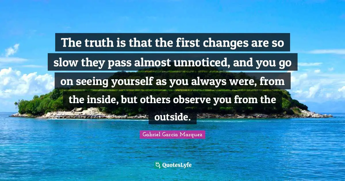 Seeing Yourself Quotes: "The truth is that the first changes are so slow they pass almost unnoticed, and you go on seeing yourself as you always were, from the inside, but others observe you from the outside."