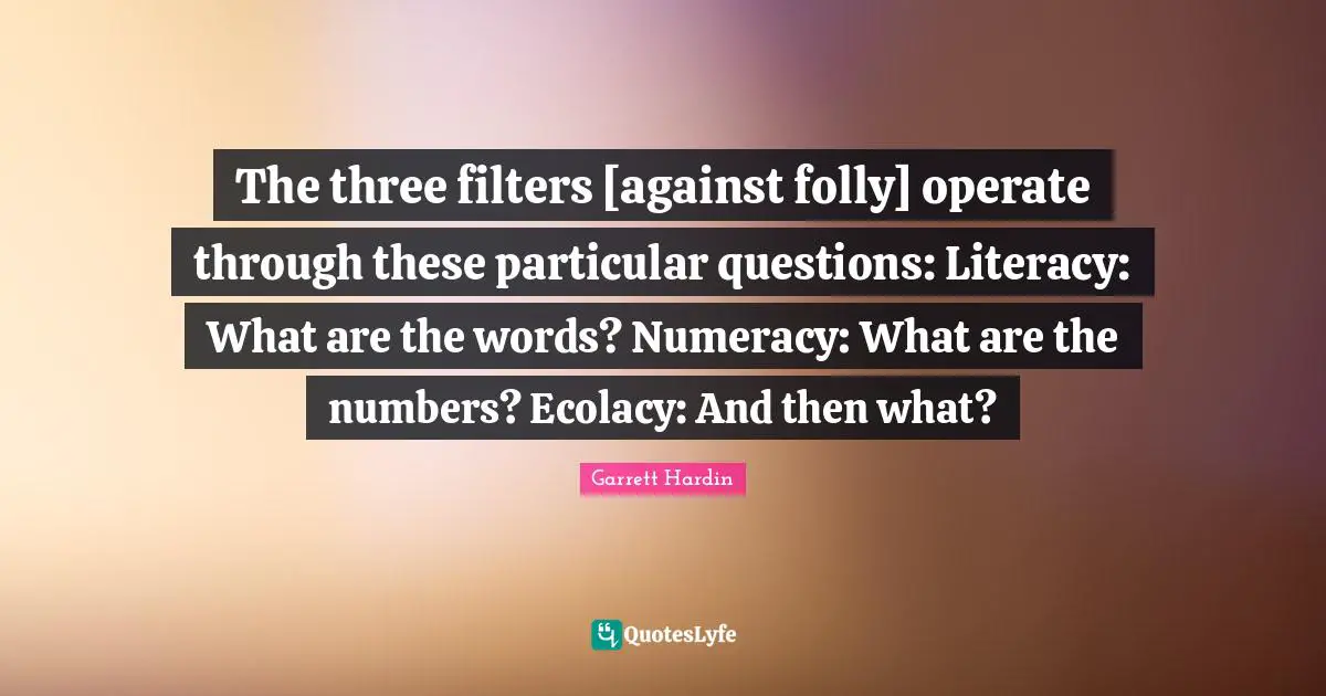 The three filters [against folly] operate through these particular questions: Literacy: What are the words? Numeracy: What are the numbers? Ecolacy: And then what?