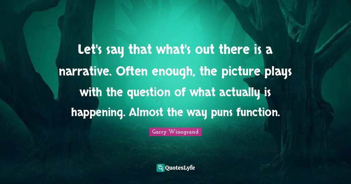 Let's say that what's out there is a narrative. Often enough, the picture plays with the question of what actually is happening. Almost the way puns function.