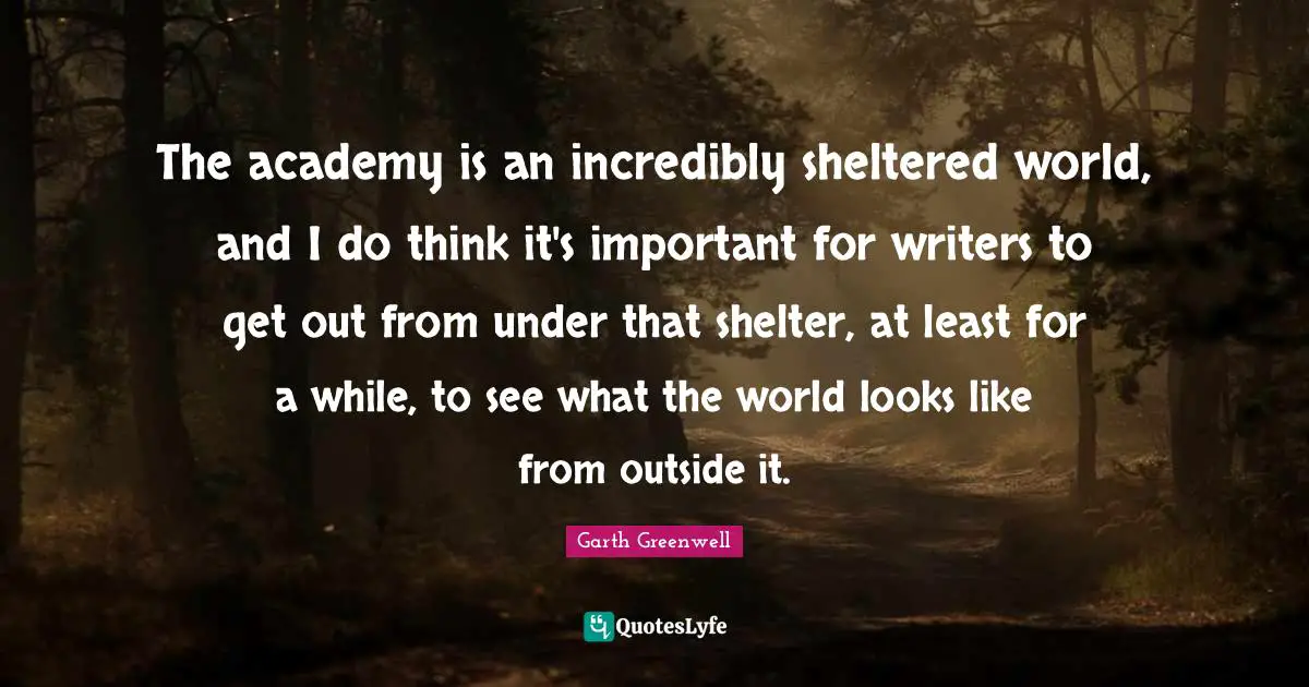 The academy is an incredibly sheltered world, and I do think it's important for writers to get out from under that shelter, at least for a while, to see what the world looks like from outside it.