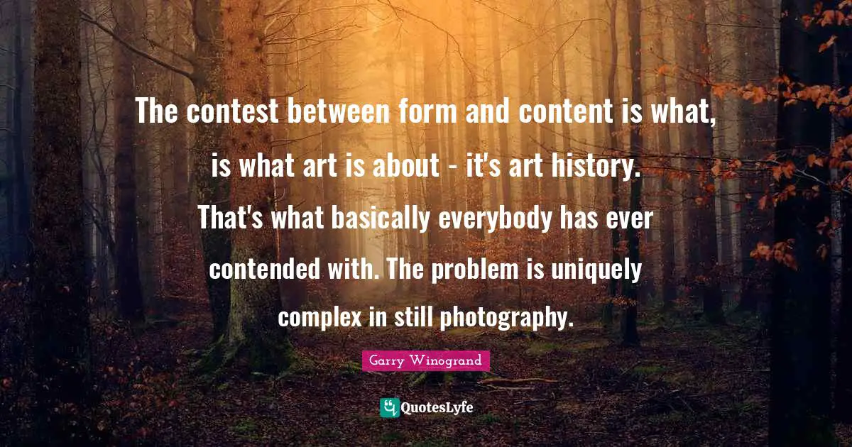 The contest between form and content is what, is what art is about - it's art history. That's what basically everybody has ever contended with. The problem is uniquely complex in still photography.