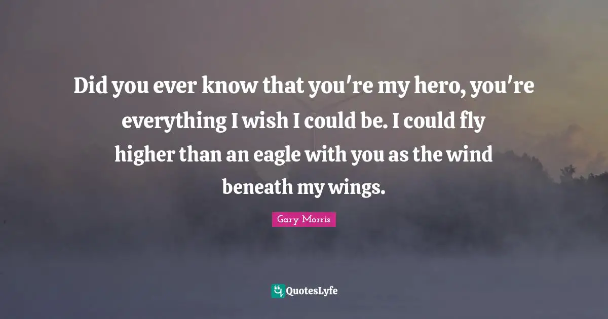Gary Morris Quotes: "Did you ever know that you're my hero, you're everything I wish I could be. I could fly higher than an eagle with you as the wind beneath my wings."
