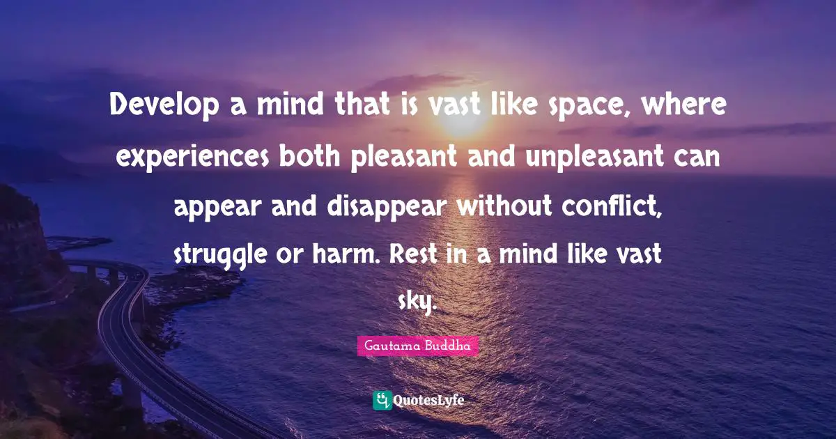 Pleasant Quotes: "Develop a mind that is vast like space, where experiences both pleasant and unpleasant can appear and disappear without conflict, struggle or harm. Rest in a mind like vast sky."