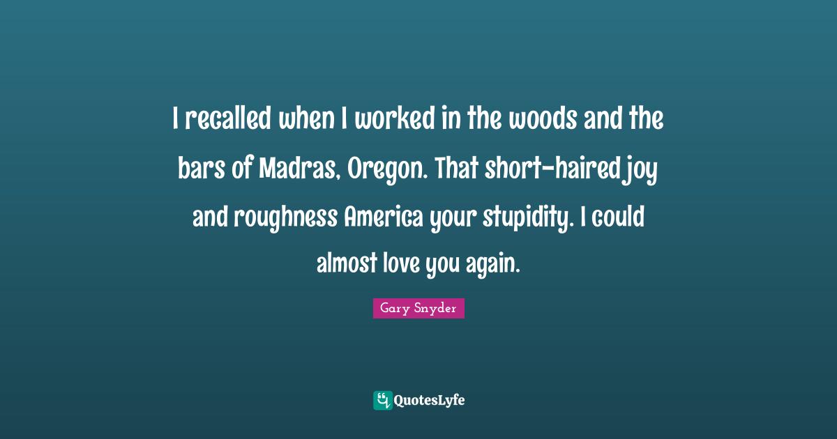 I recalled when I worked in the woods and the bars of Madras, Oregon. That short-haired joy and roughness America your stupidity. I could almost love you again.