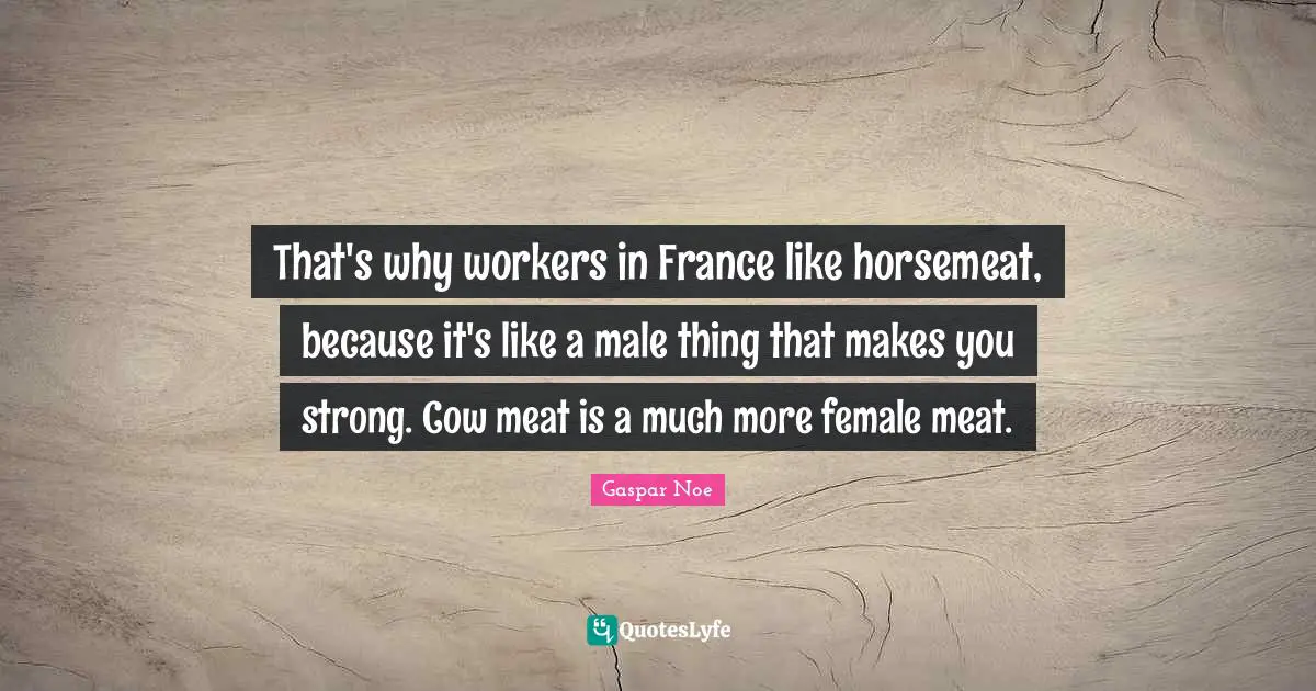Gaspar Noe Quotes: "That's why workers in France like horsemeat, because it's like a male thing that makes you strong. Cow meat is a much more female meat."