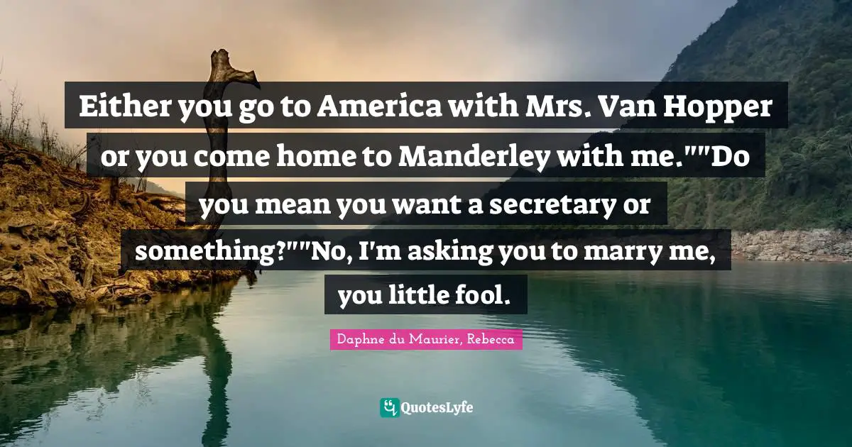 Either you go to America with Mrs. Van Hopper or you come home to Manderley with me.""Do you mean you want a secretary or something?""No, I'm asking you to marry me, you little fool.