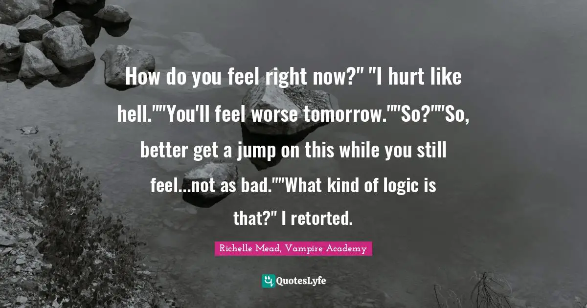 How do you feel right now?" "I hurt like hell.""You'll feel worse tomorrow.""So?""So, better get a jump on this while you still feel...not as bad.""What kind of logic is that?" I retorted.