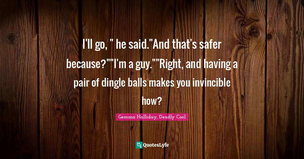 I'll go, " he said."And that's safer because?""I'm a guy.""Right, and having a pair of dingle balls makes you invincible how?