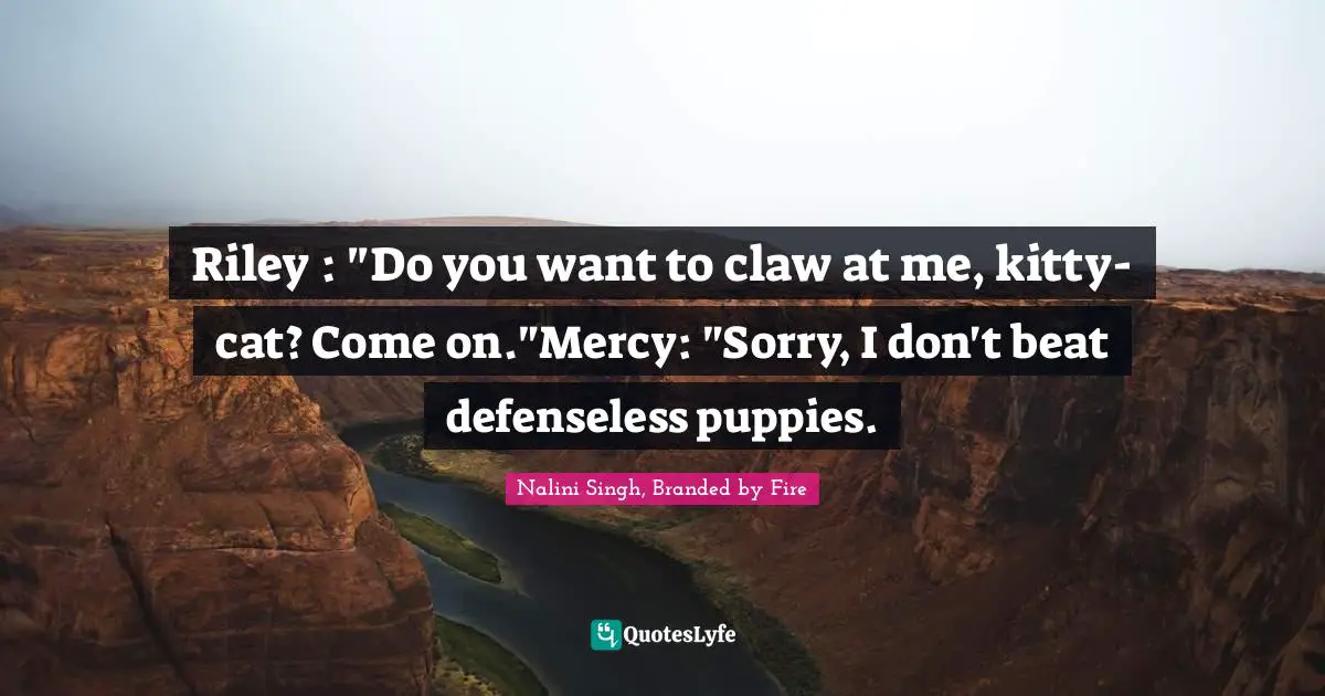 Riley : "Do you want to claw at me, kitty-cat? Come on."Mercy: "Sorry, I don't beat defenseless puppies.