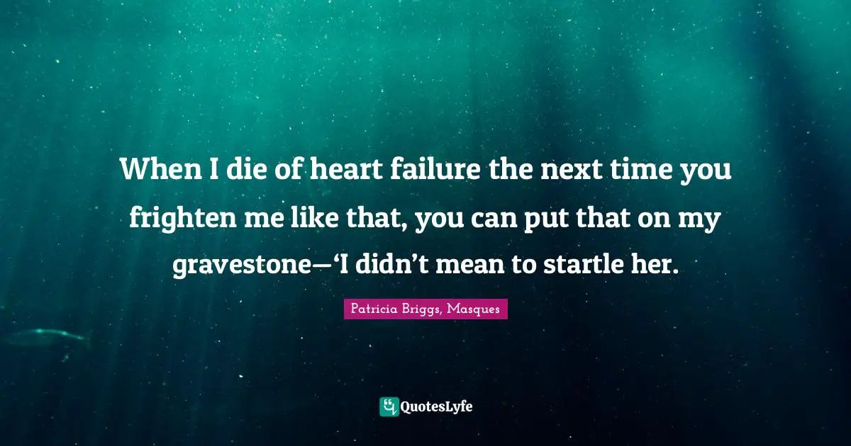 When I die of heart failure the next time you frighten me like that, you can put that on my gravestone—‘I didn’t mean to startle her.