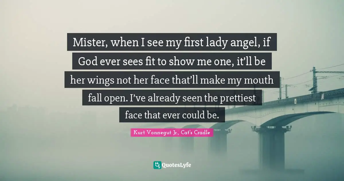 Mister, when I see my first lady angel, if God ever sees fit to show me one, it’ll be her wings not her face that’ll make my mouth fall open. I’ve already seen the prettiest face that ever could be.