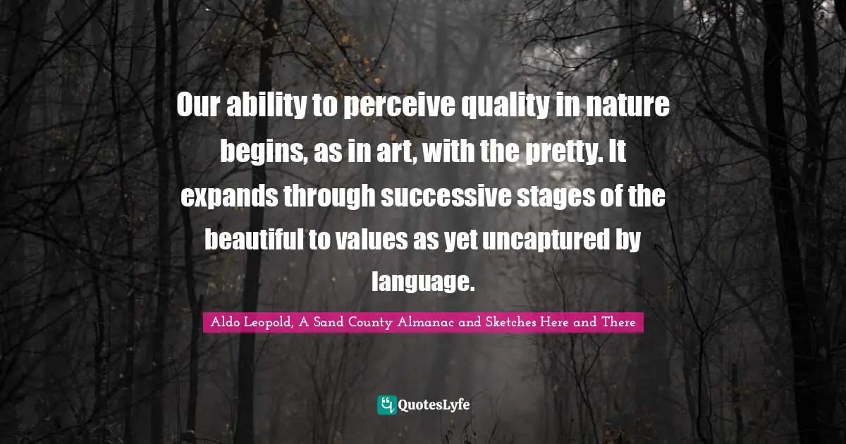 Our ability to perceive quality in nature begins, as in art, with the pretty. It expands through successive stages of the beautiful to values as yet uncaptured by language.