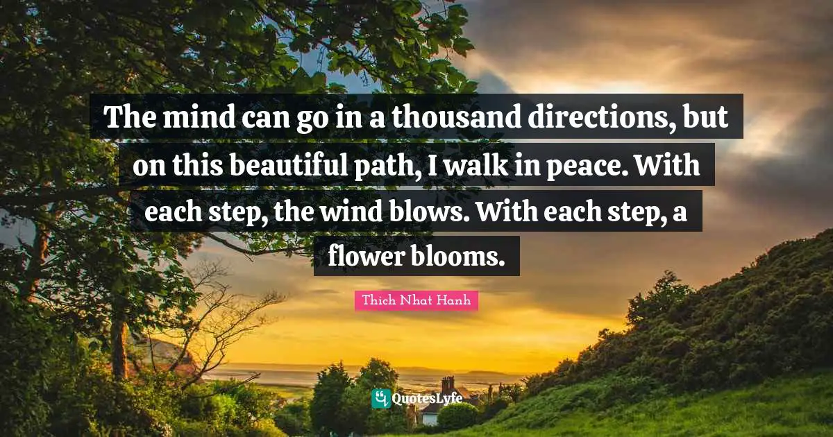 Thich Nhat Hanh Quotes: "The mind can go in a thousand directions, but on this beautiful path, I walk in peace. With each step, the wind blows. With each step, a flower blooms."