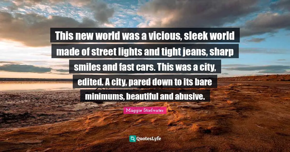 This new world was a vicious, sleek world made of street lights and tight jeans, sharp smiles and fast cars. This was a city, edited. A city, pared down to its bare minimums, beautiful and abusive.