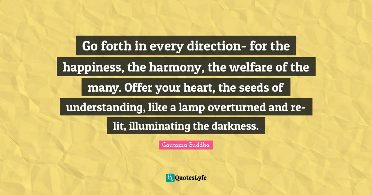 Go forth in every direction- for the happiness, the harmony, the welfare of the many. Offer your heart, the seeds of understanding, like a lamp overturned and re-lit, illuminating the darkness.