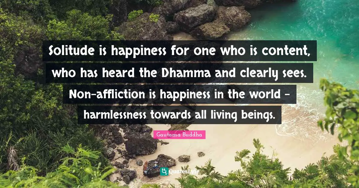 Solitude is happiness for one who is content, who has heard the Dhamma and clearly sees. Non-affliction is happiness in the world - harmlessness towards all living beings.