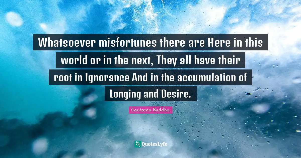 Misfortunes Quotes: "Whatsoever misfortunes there are Here in this world or in the next, They all have their root in Ignorance And in the accumulation of Longing and Desire."