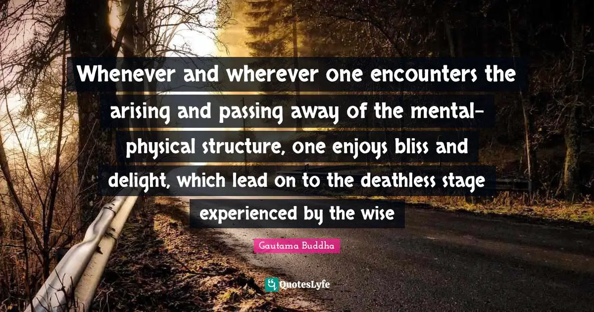 Whenever and wherever one encounters the arising and passing away of the mental-physical structure, one enjoys bliss and delight, which lead on to the deathless stage experienced by the wise