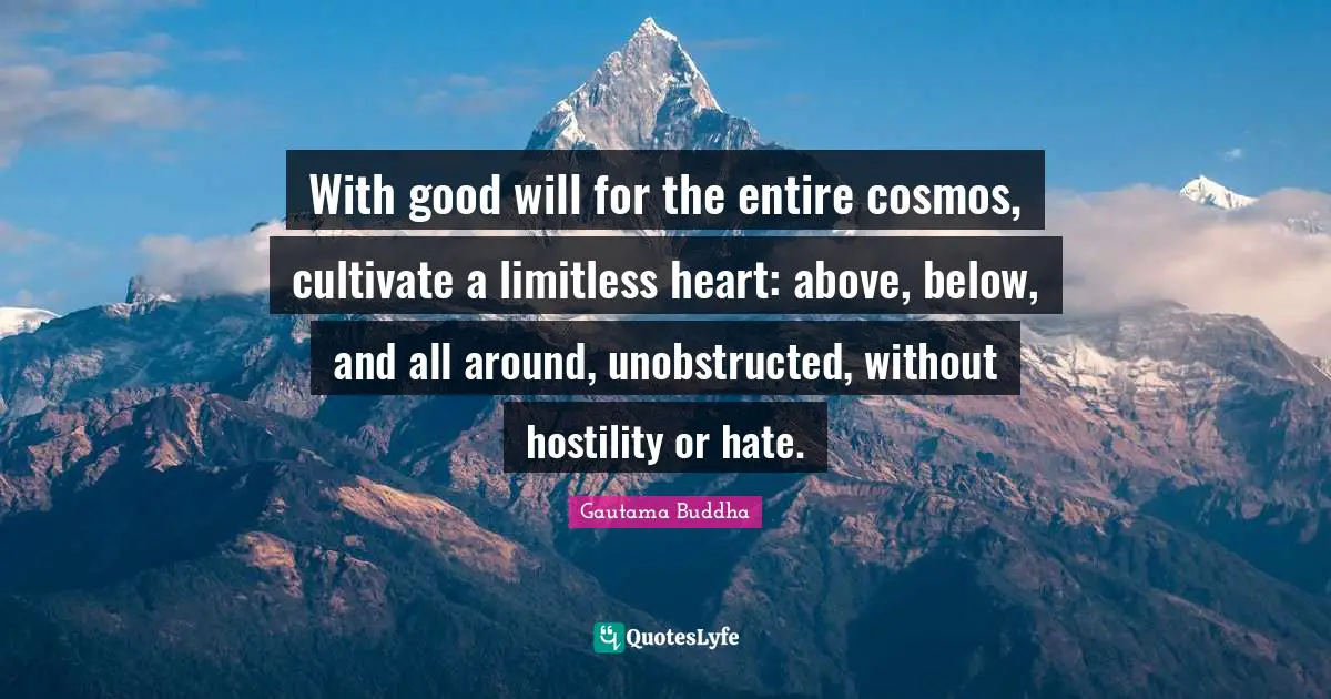 With good will for the entire cosmos, cultivate a limitless heart: above, below, and all around, unobstructed, without hostility or hate.