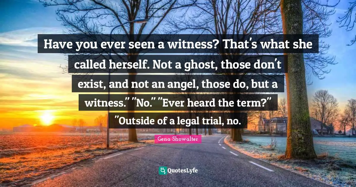 Have you ever seen a witness? That's what she called herself. Not a ghost, those don't exist, and not an angel, those do, but a witness." "No." "Ever heard the term?" "Outside of a legal trial, no.