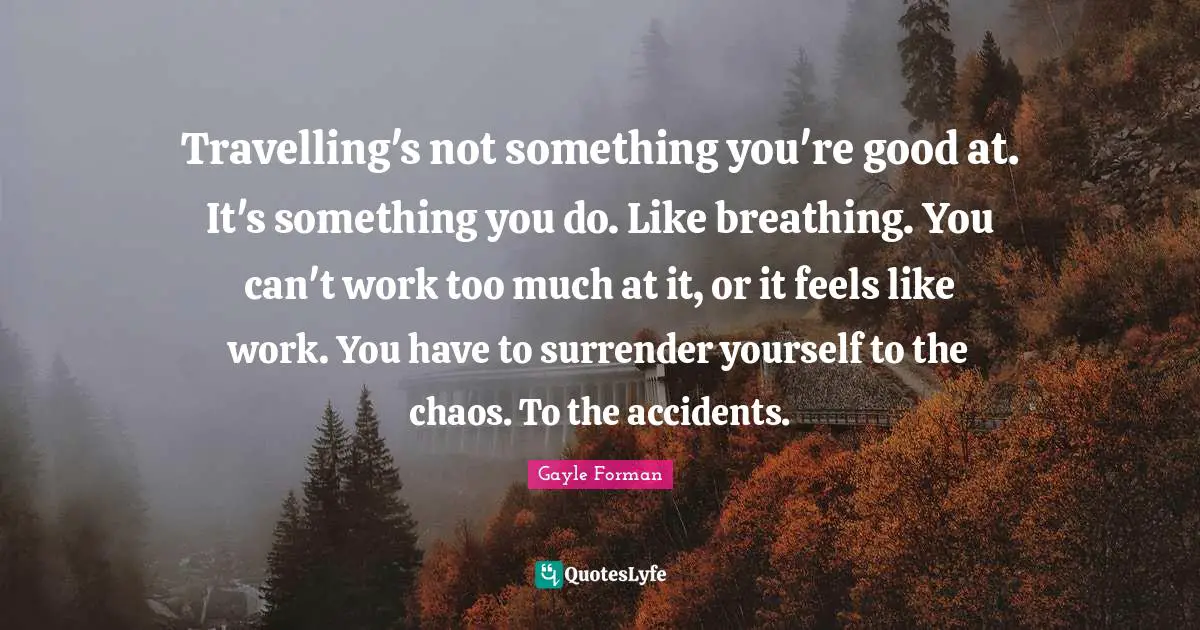 Travelling's not something you're good at. It's something you do. Like breathing. You can't work too much at it, or it feels like work. You have to surrender yourself to the chaos. To the accidents.