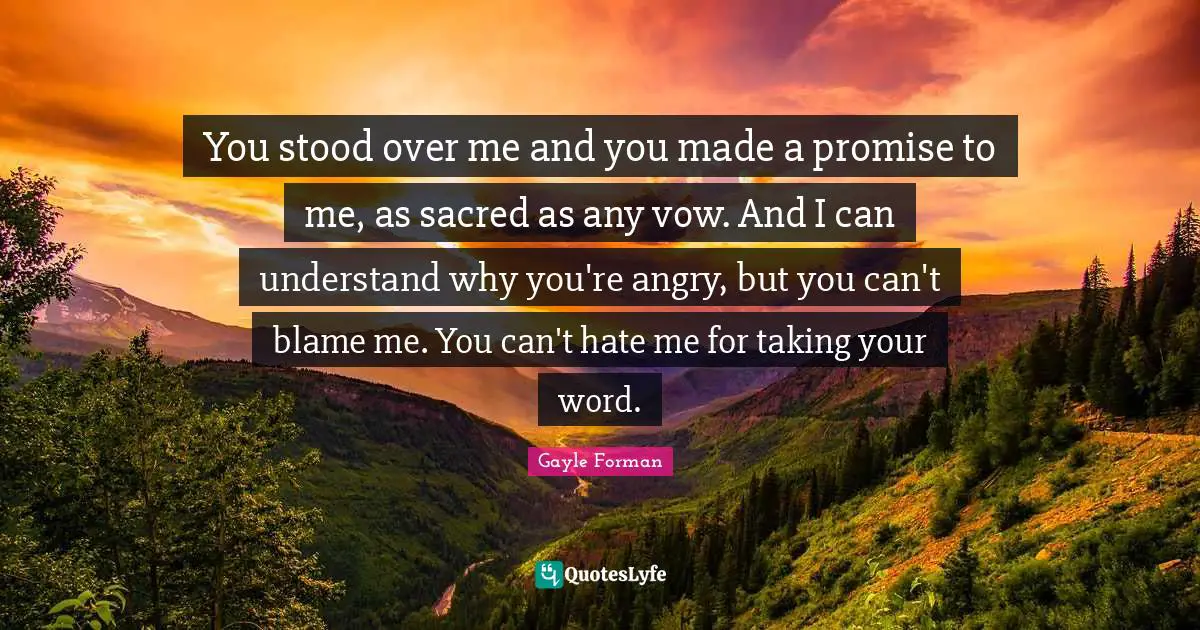 You stood over me and you made a promise to me, as sacred as any vow. And I can understand why you're angry, but you can't blame me. You can't hate me for taking your word.