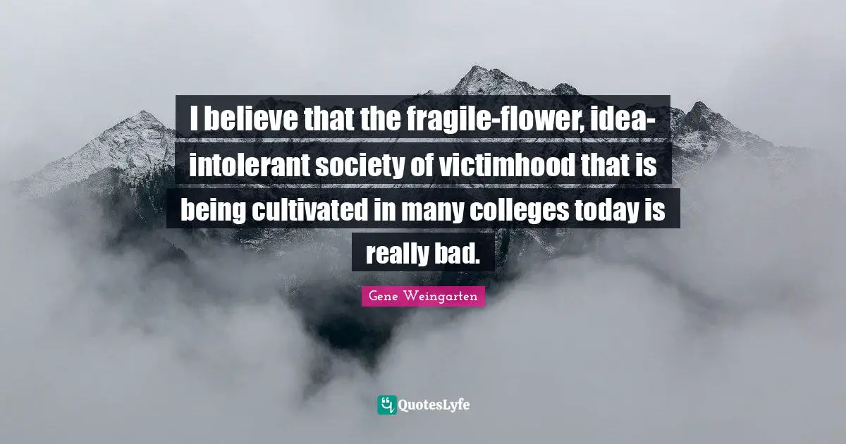 Victimhood Quotes: "I believe that the fragile-flower, idea-intolerant society of victimhood that is being cultivated in many colleges today is really bad."