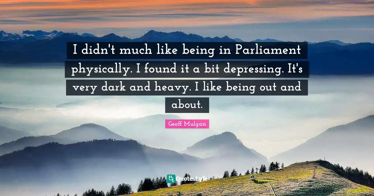 Geoff Mulgan Quotes: "I didn't much like being in Parliament physically. I found it a bit depressing. It's very dark and heavy. I like being out and about."