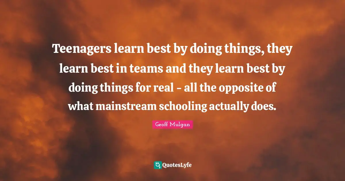 Geoff Mulgan Quotes: "Teenagers learn best by doing things, they learn best in teams and they learn best by doing things for real - all the opposite of what mainstream schooling actually does."