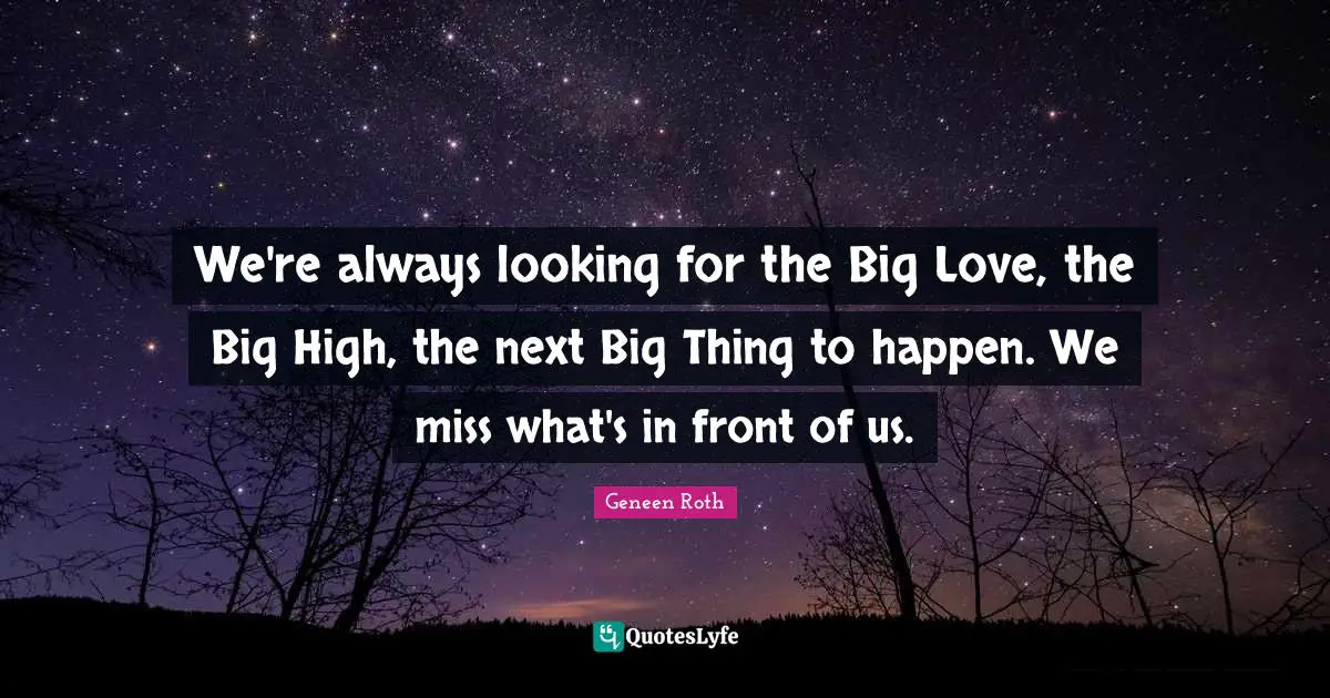 Geneen Roth Quotes: "We're always looking for the Big Love, the Big High, the next Big Thing to happen. We miss what's in front of us."