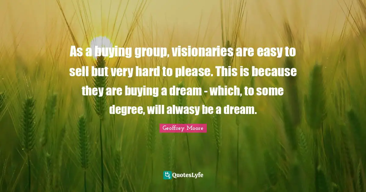 As a buying group, visionaries are easy to sell but very hard to please. This is because they are buying a dream - which, to some degree, will alwasy be a dream.