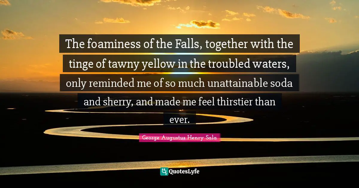 Troubled Waters Quotes: "The foaminess of the Falls, together with the tinge of tawny yellow in the troubled waters, only reminded me of so much unattainable soda and sherry, and made me feel thirstier than ever."
