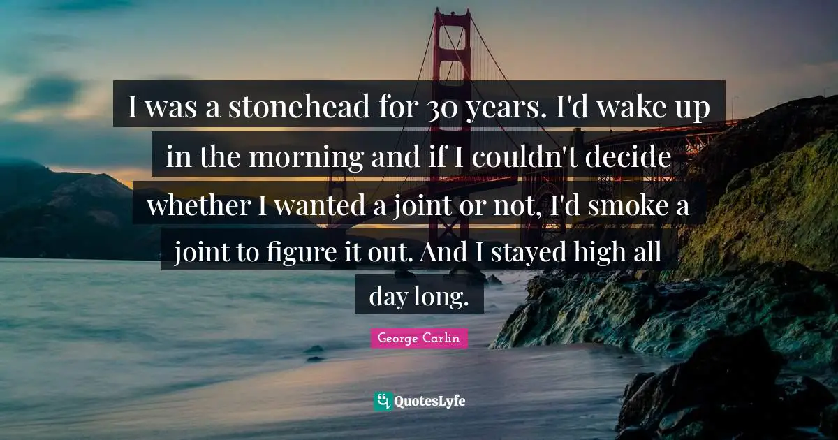I was a stonehead for 30 years. I'd wake up in the morning and if I couldn't decide whether I wanted a joint or not, I'd smoke a joint to figure it out. And I stayed high all day long.