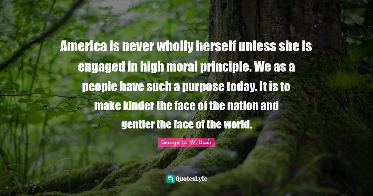 America is never wholly herself unless she is engaged in high moral principle. We as a people have such a purpose today. It is to make kinder the face of the nation and gentler the face of the world.
