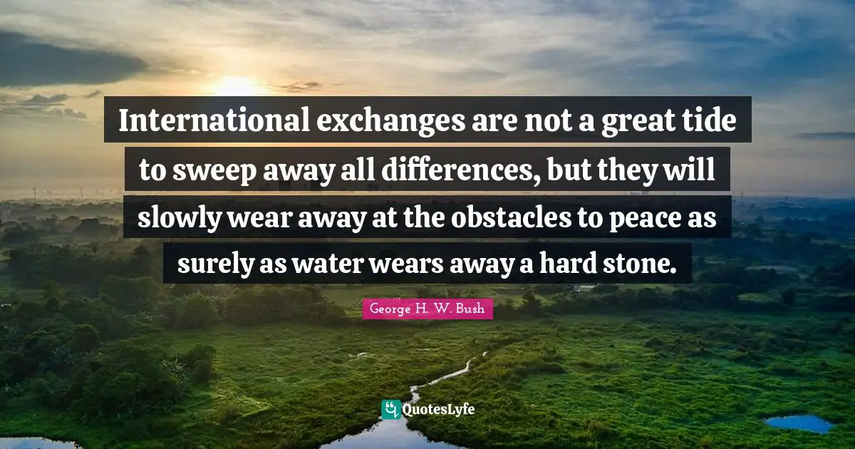George H.W. Bush Quotes: "International exchanges are not a great tide to sweep away all differences, but they will slowly wear away at the obstacles to peace as surely as water wears away a hard stone."