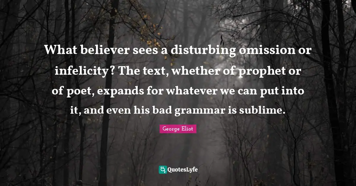 What believer sees a disturbing omission or infelicity? The text, whether of prophet or of poet, expands for whatever we can put into it, and even his bad grammar is sublime.