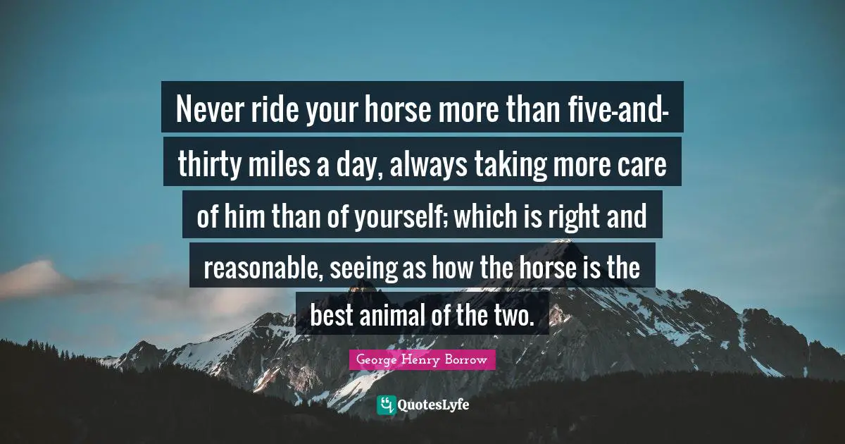 Never ride your horse more than five-and-thirty miles a day, always taking more care of him than of yourself; which is right and reasonable, seeing as how the horse is the best animal of the two.
