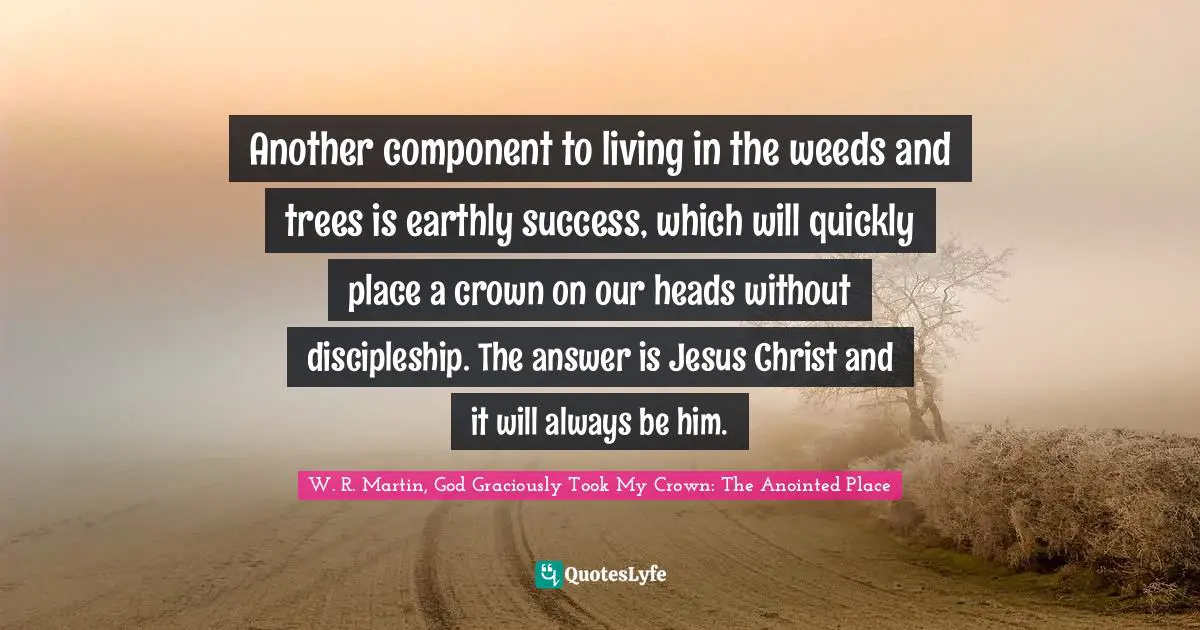 Another component to living in the weeds and trees is earthly success, which will quickly place a crown on our heads without discipleship. The answer is Jesus Christ and it will always be him.