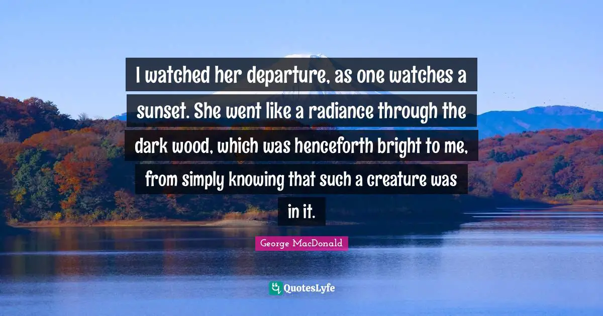 I watched her departure, as one watches a sunset. She went like a radiance through the dark wood, which was henceforth bright to me, from simply knowing that such a creature was in it.