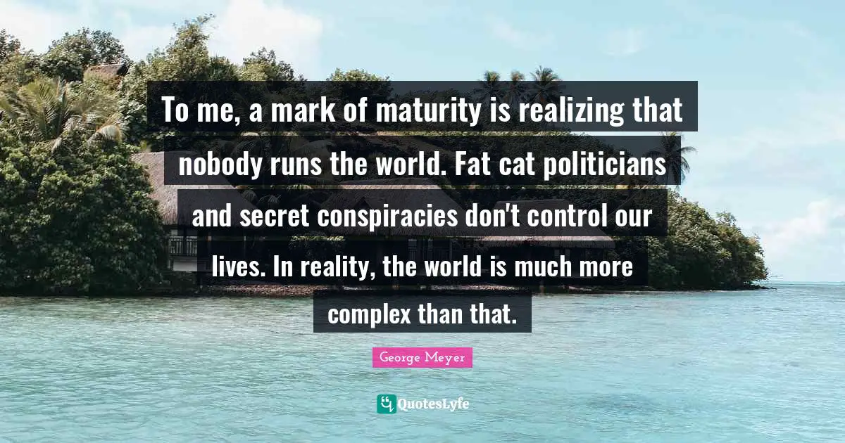 To me, a mark of maturity is realizing that nobody runs the world. Fat cat politicians and secret conspiracies don't control our lives. In reality, the world is much more complex than that.