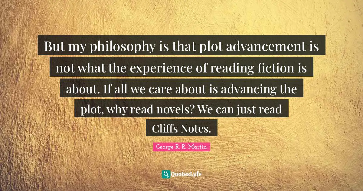 But my philosophy is that plot advancement is not what the experience of reading fiction is about. If all we care about is advancing the plot, why read novels? We can just read Cliffs Notes.