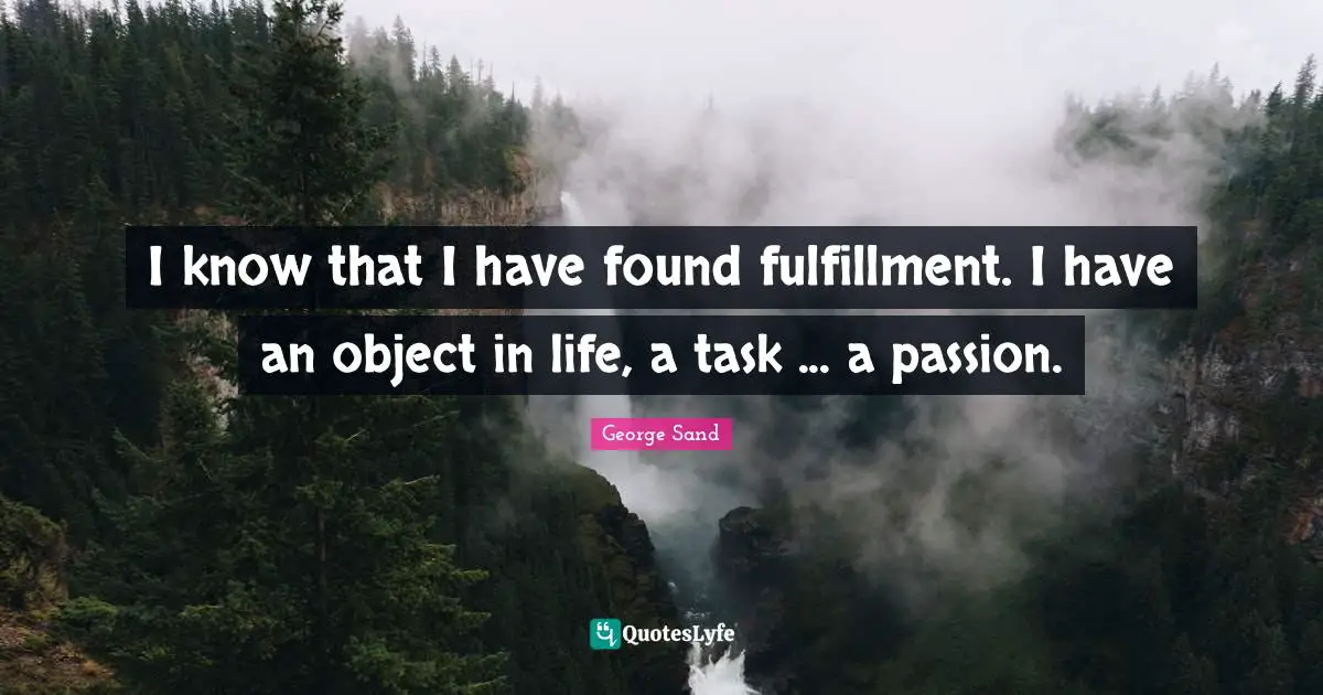 I know that I have found fulfillment. I have an object in life, a task ... a passion.