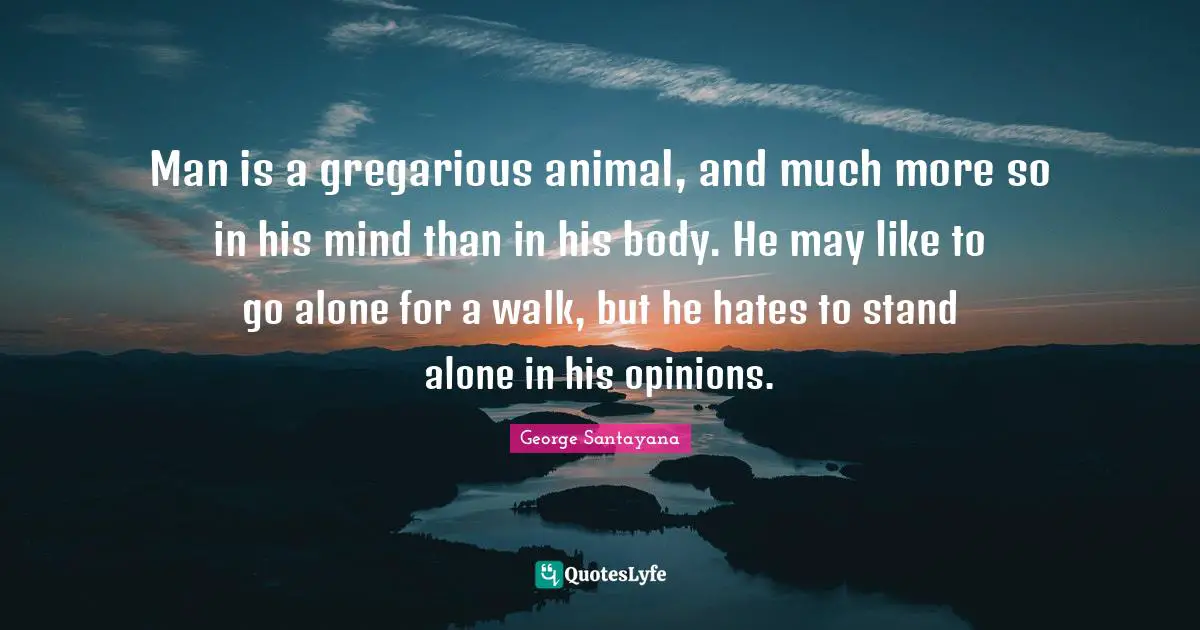 George Santayana Quotes: "Man is a gregarious animal, and much more so in his mind than in his body. He may like to go alone for a walk, but he hates to stand alone in his opinions."