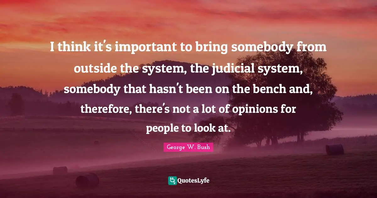 I think it's important to bring somebody from outside the system, the judicial system, somebody that hasn't been on the bench and, therefore, there's not a lot of opinions for people to look at.