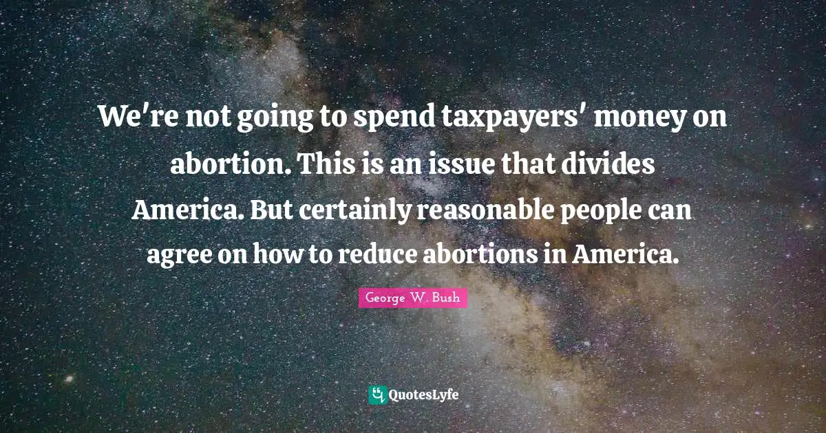 We're not going to spend taxpayers' money on abortion. This is an issue that divides America. But certainly reasonable people can agree on how to reduce abortions in America.