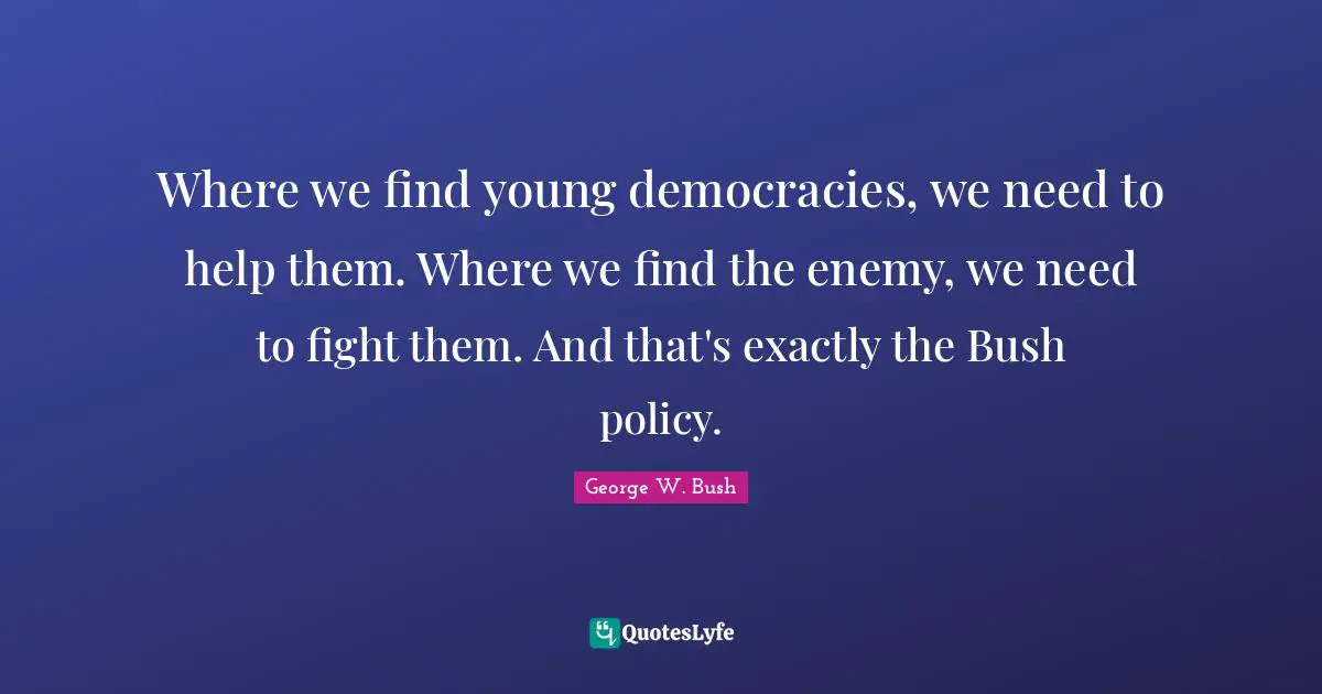 Where we find young democracies, we need to help them. Where we find the enemy, we need to fight them. And that's exactly the Bush policy.