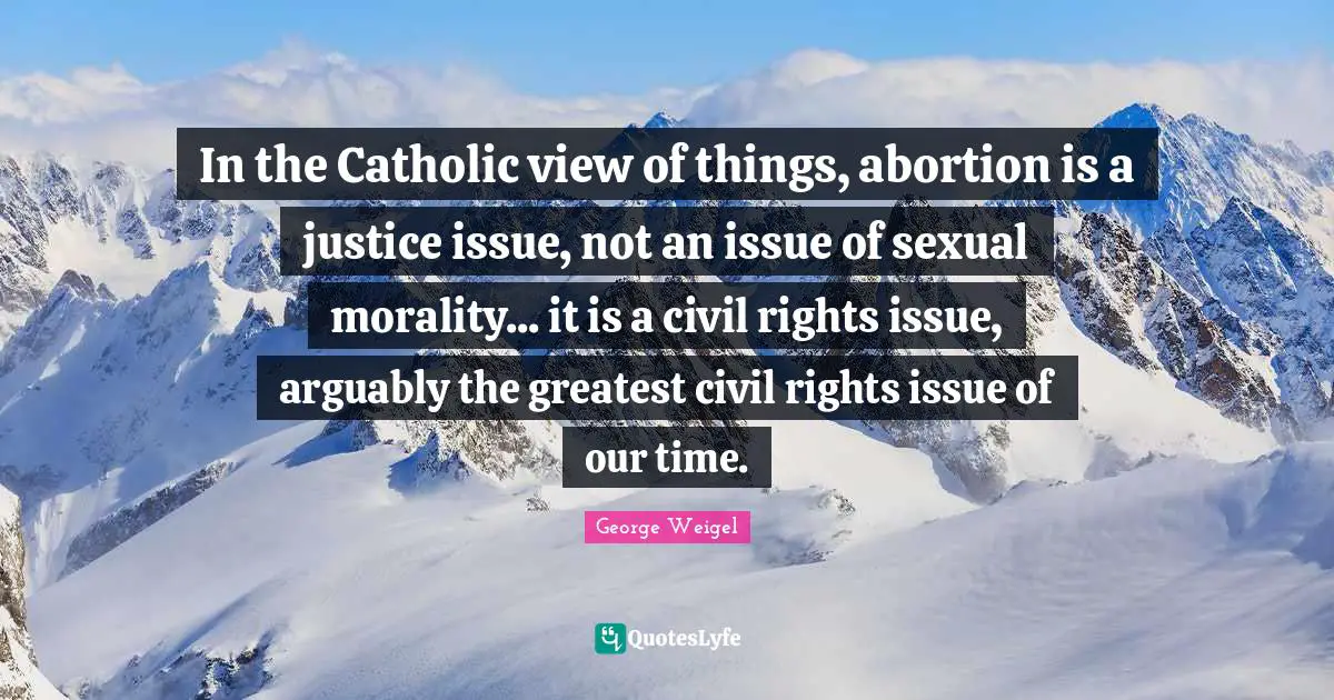 In the Catholic view of things, abortion is a justice issue, not an issue of sexual morality... it is a civil rights issue, arguably the greatest civil rights issue of our time.