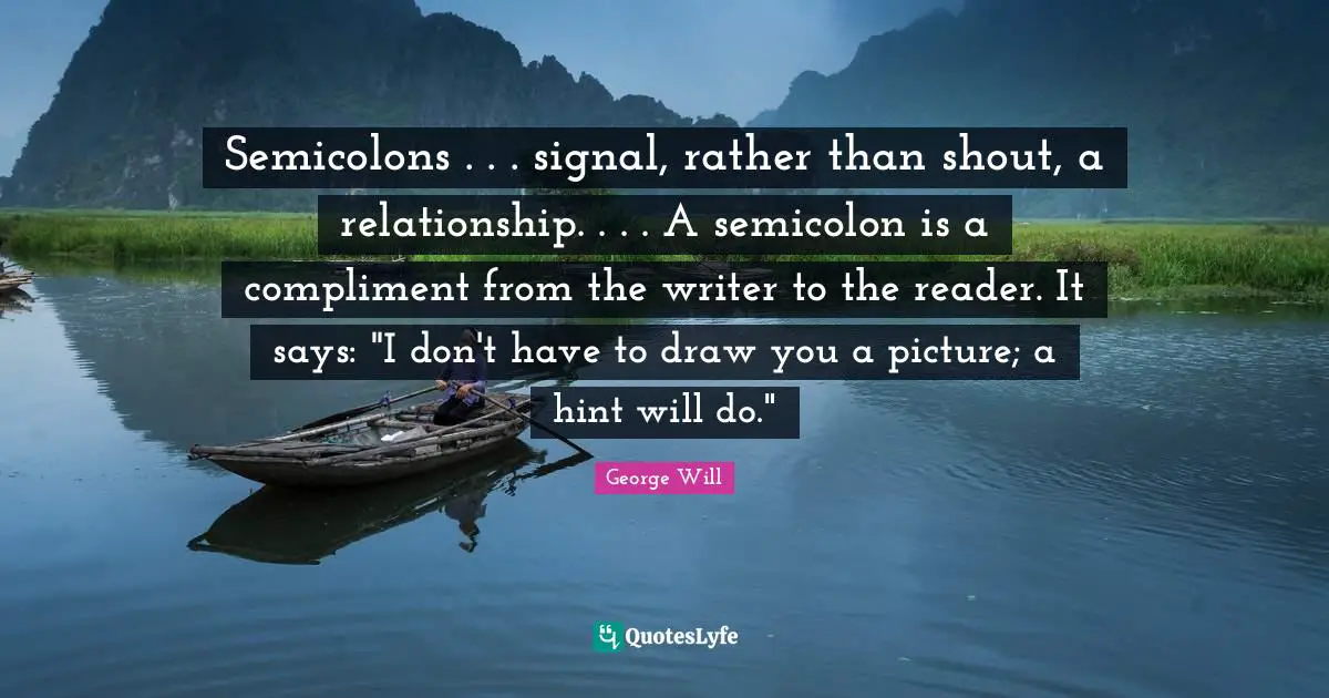 Semicolons . . . signal, rather than shout, a relationship. . . . A semicolon is a compliment from the writer to the reader. It says: "I don't have to draw you a picture; a hint will do."