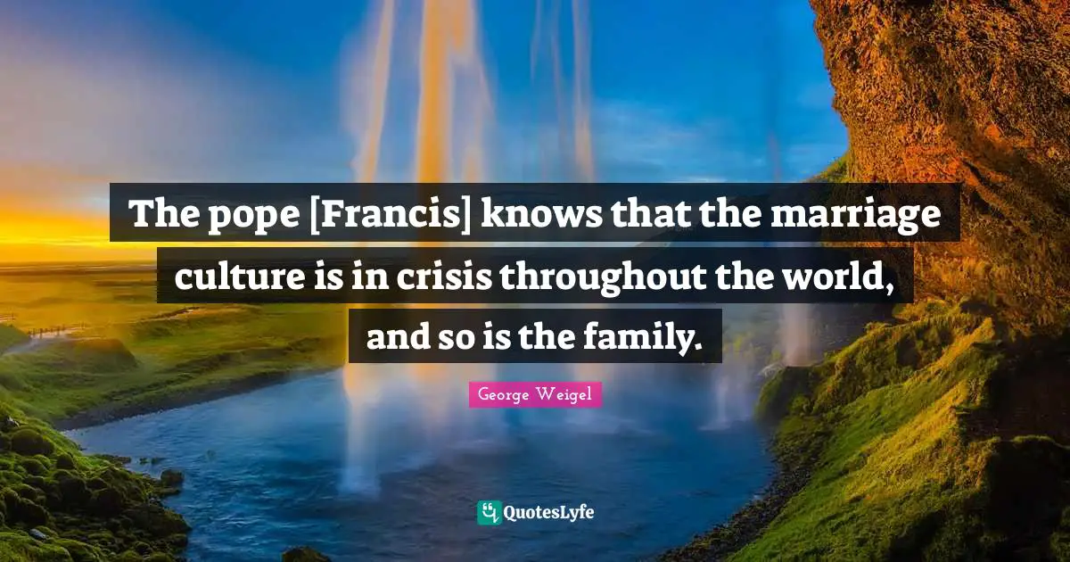 The pope [Francis] knows that the marriage culture is in crisis throughout the world, and so is the family.