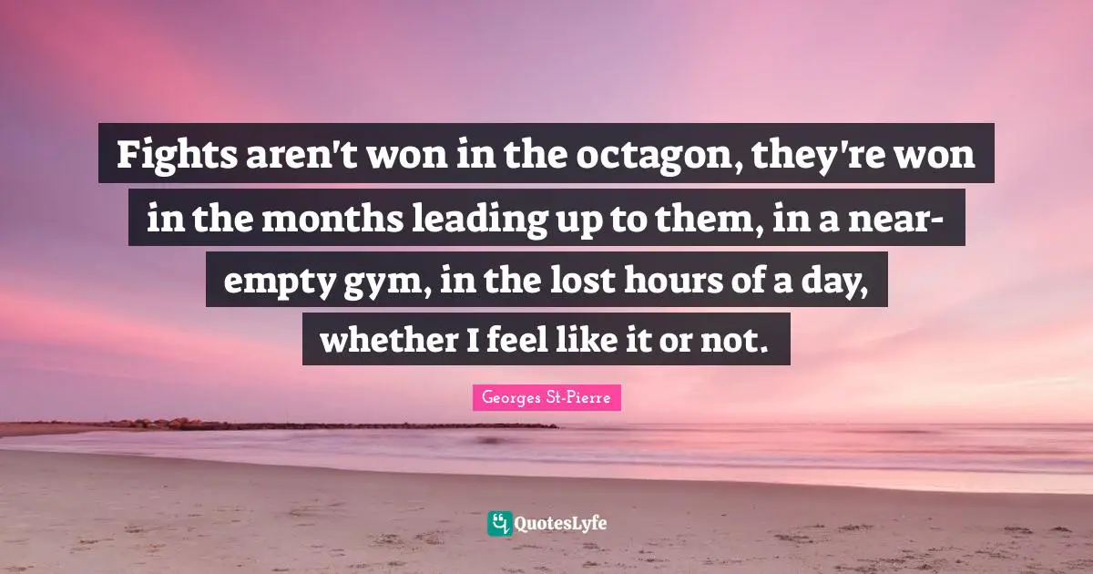 Georges St-Pierre Quotes: "Fights aren't won in the octagon, they're won in the months leading up to them, in a near-empty gym, in the lost hours of a day, whether I feel like it or not."